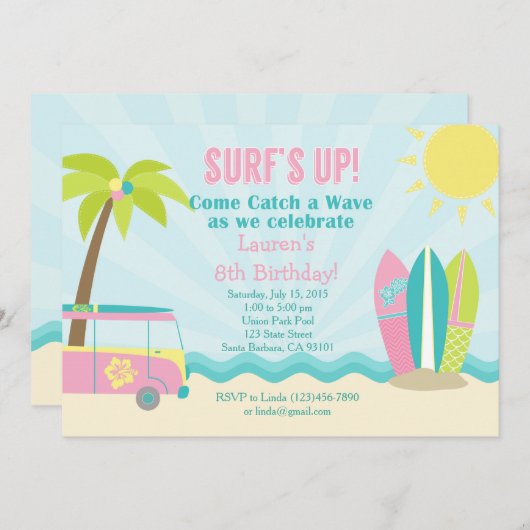 Invitation d'anniversaire Surf pour une fille en r (Devant / Derrière)