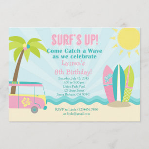Invitation d'anniversaire Surf pour une fille en r