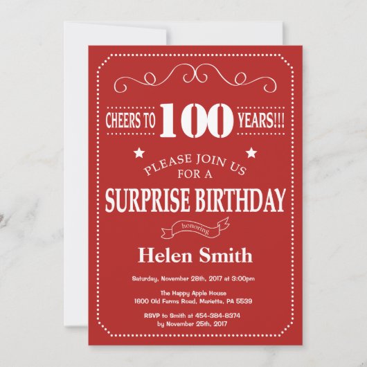 Invitation d'anniversaire surprise 100 ans rouge e (Devant)