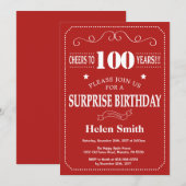Invitation d'anniversaire surprise 100 ans rouge e (Devant / Derrière)