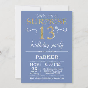 Invitation d'anniversaire surprise 13 ans bleu et