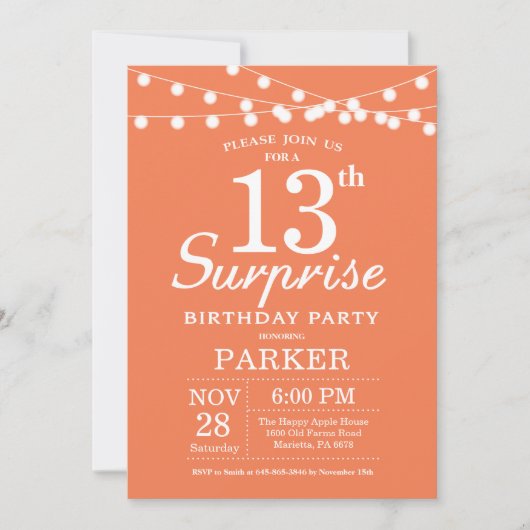 Invitation d'anniversaire surprise 13 ans Corail (Devant)
