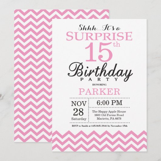 Invitation d'anniversaire surprise 15 ans Chevron (Devant / Derrière)
