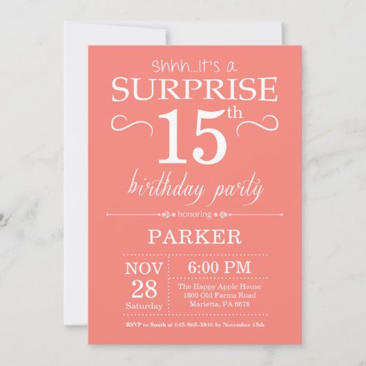 Invitation d'anniversaire surprise 15 ans Corail (Devant)