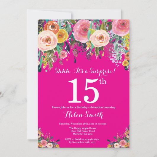 Invitation d'anniversaire surprise 15 ans Fleur ro (Devant)