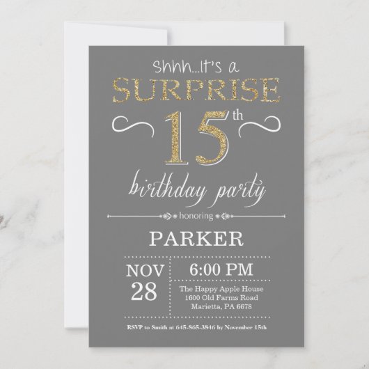 Invitation d'anniversaire surprise 15 ans gris et (Devant)