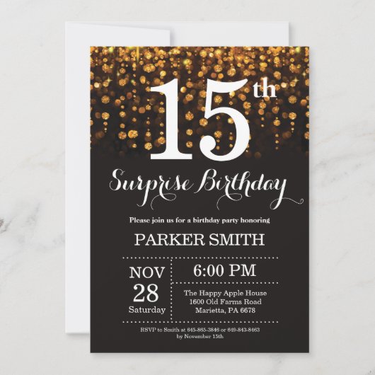 Invitation d'anniversaire surprise 15 ans paillett (Devant)