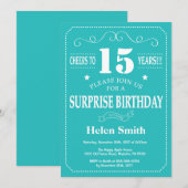 Invitation d'anniversaire surprise 15 ans sarcelle (Devant / Derrière)