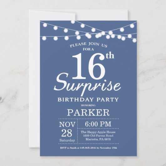 Invitation d'anniversaire surprise 16 ans Bleu (Devant)
