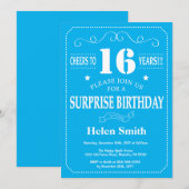 Invitation d'anniversaire surprise 16 ans bleu et (Devant / Derrière)