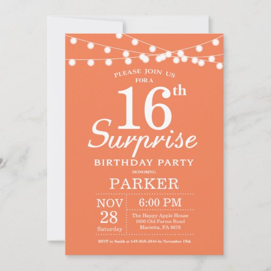 Invitation d'anniversaire surprise 16 ans corail (Devant)
