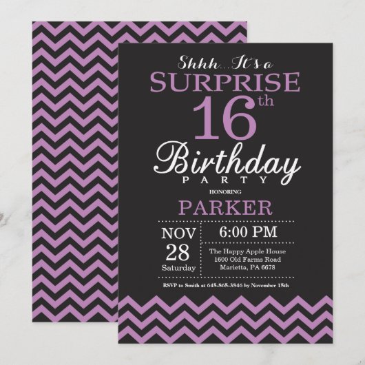 Invitation d'anniversaire surprise 16 ans noir et (Devant / Derrière)