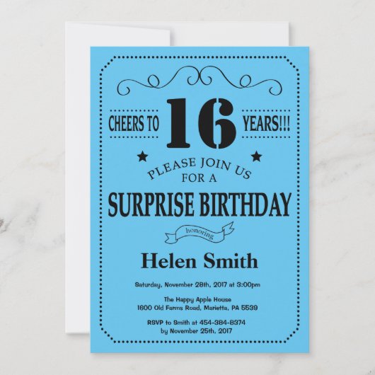 Invitation d'anniversaire surprise 16 ans noir et (Devant)