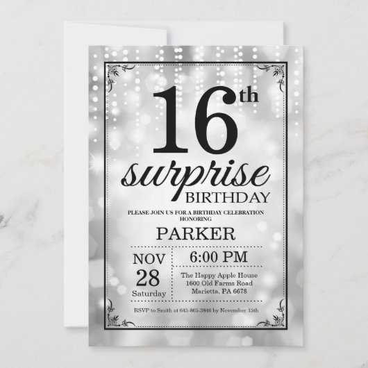 Invitation d'anniversaire surprise 16 ans paillett (Devant)