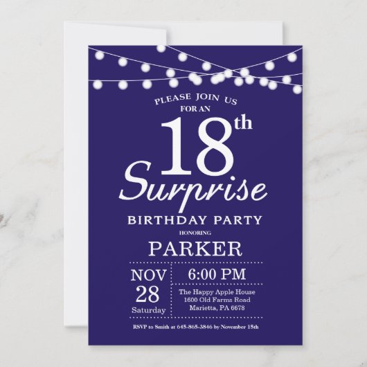 Invitation d'anniversaire surprise 18 ans Bleu mar (Devant)