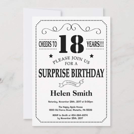 Invitation d'anniversaire surprise 18 ans noir et (Devant)