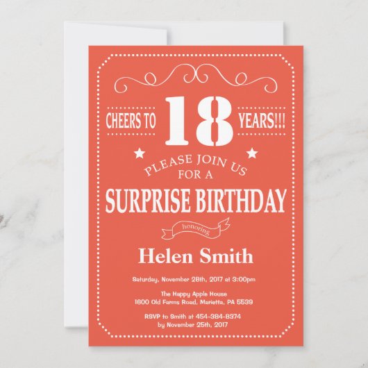 Invitation d'anniversaire surprise 18 ans orange e (Devant)