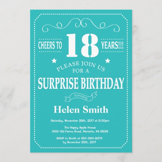 Invitation d'anniversaire surprise 18 ans sarcelle (Devant)