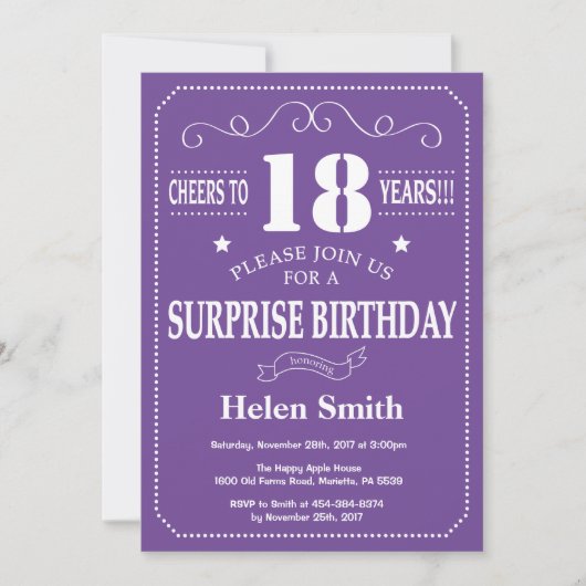 Invitation d'anniversaire surprise 18 ans violet e (Devant)