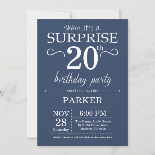 Invitation d'anniversaire surprise 20 ans Bleu (Devant)
