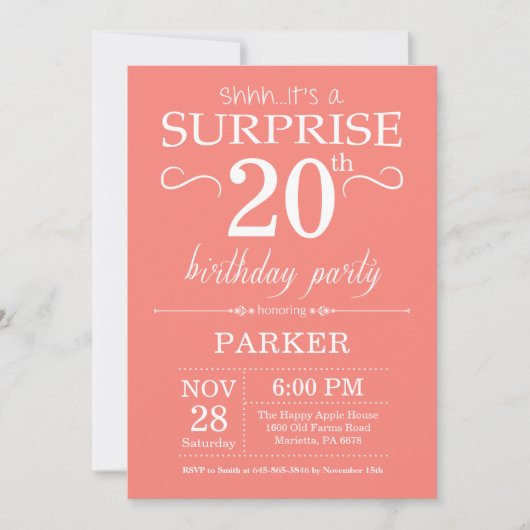 Invitation d'anniversaire surprise 20 ans Corail (Devant)