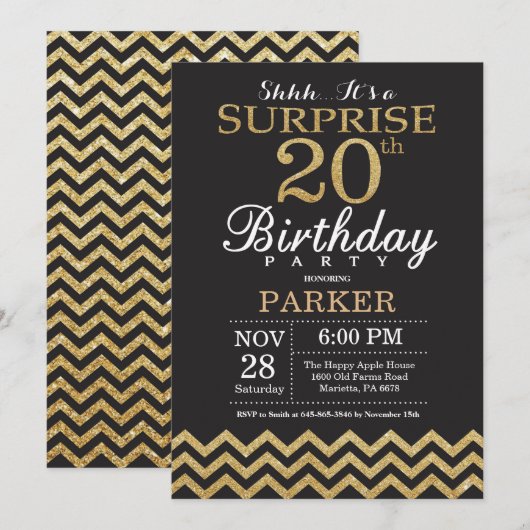 Invitation d'anniversaire surprise 20 ans paillett (Devant / Derrière)