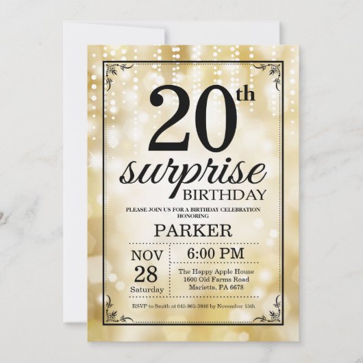 Invitation d'anniversaire surprise 20 ans paillett (Devant)