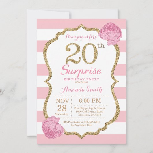 Invitation d'anniversaire surprise 20 ans rose et (Devant)
