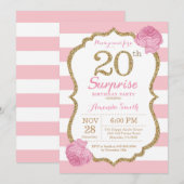 Invitation d'anniversaire surprise 20 ans rose et (Devant / Derrière)