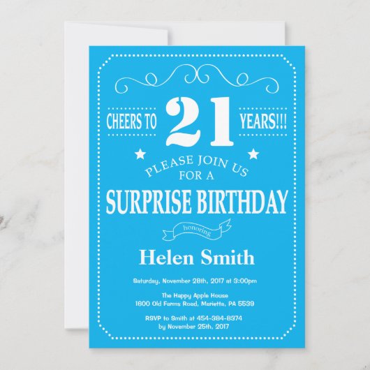 Invitation d'anniversaire surprise 21 ans bleu et (Devant)