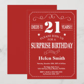 Invitation d'anniversaire surprise 21 ans rouge et (Devant / Derrière)