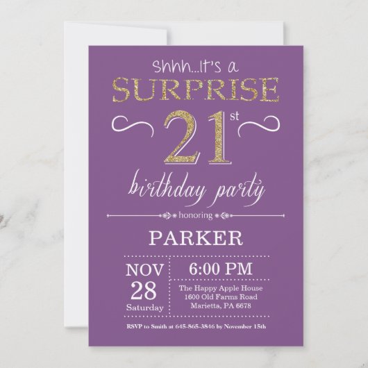 Invitation d'anniversaire surprise 21 ans violet e (Devant)