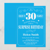 Invitation d'anniversaire surprise 30 ans bleu et (Devant / Derrière)