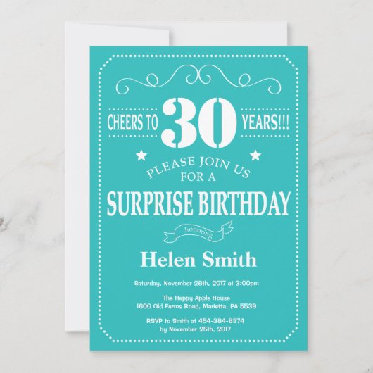 Invitation d'anniversaire surprise 30 ans sarcelle (Devant)