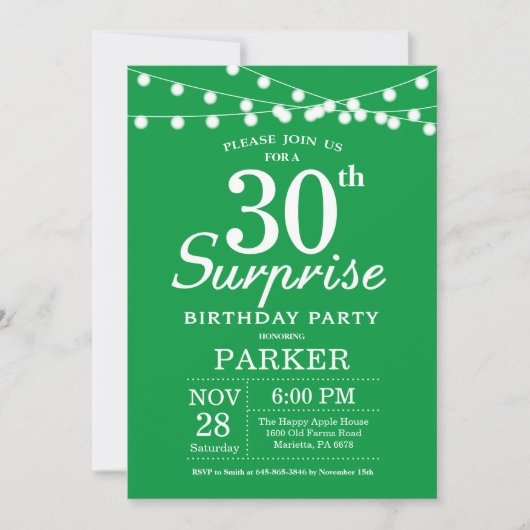 Invitation d'anniversaire surprise 30 ans Vert (Devant)