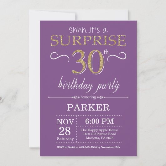 Invitation d'anniversaire surprise 30 ans violet e (Devant)