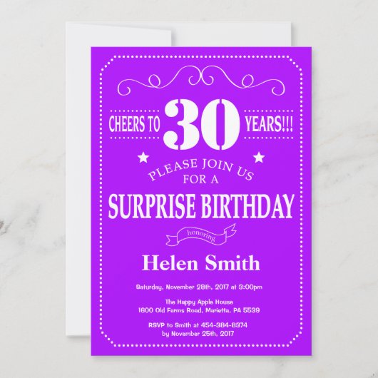 Invitation d'anniversaire surprise 30 ans violet e (Devant)