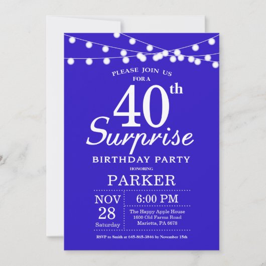 Invitation d'anniversaire surprise 40 ans Bleu Roy (Devant)