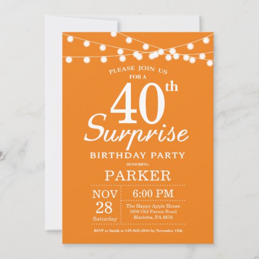 Invitation d'anniversaire surprise 40 ans Orange (Devant)