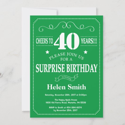 Invitation d'anniversaire surprise 40 ans vert et (Devant)