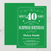 Invitation d'anniversaire surprise 40 ans vert et (Devant / Derrière)