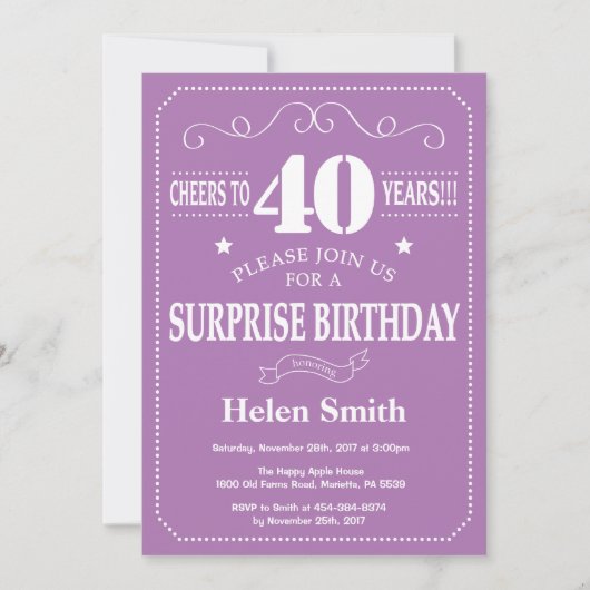 Invitation d'anniversaire surprise 40 ans violet e (Devant)