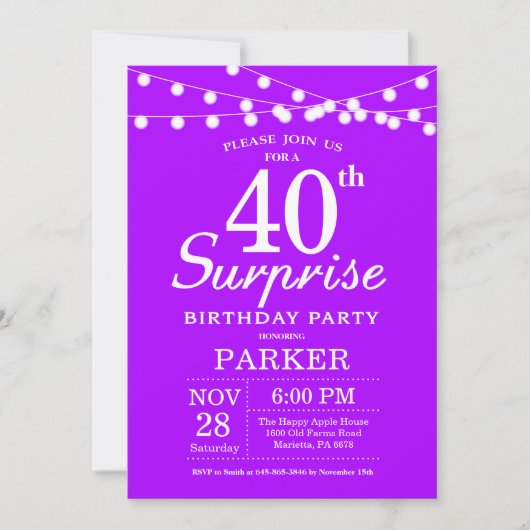 Invitation d'anniversaire surprise 40 ans Violet L (Devant)