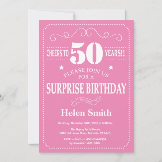 Invitation d'anniversaire surprise 50 ans rose et (Devant)
