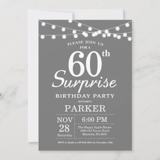 Invitation d'anniversaire surprise 60 ans gris et  (Devant)