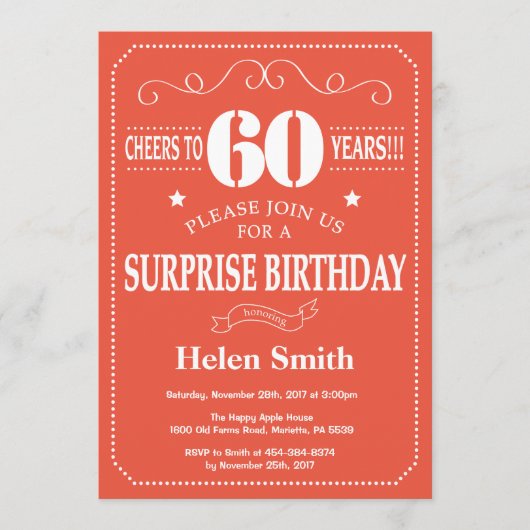 Invitation d'anniversaire surprise 60 ans Orange e (Devant)