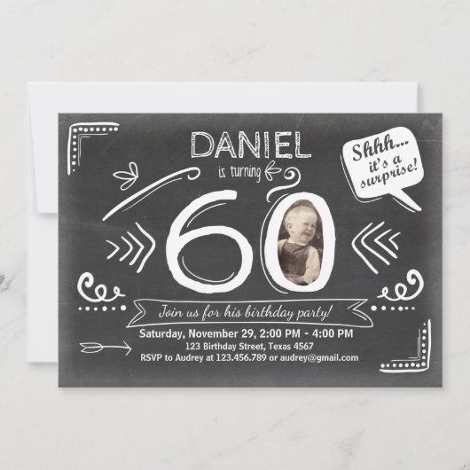 Invitation d'anniversaire surprise 60e Chalkboard (Devant)