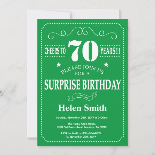 Invitation d'anniversaire surprise 70 ans vert et  (Devant)