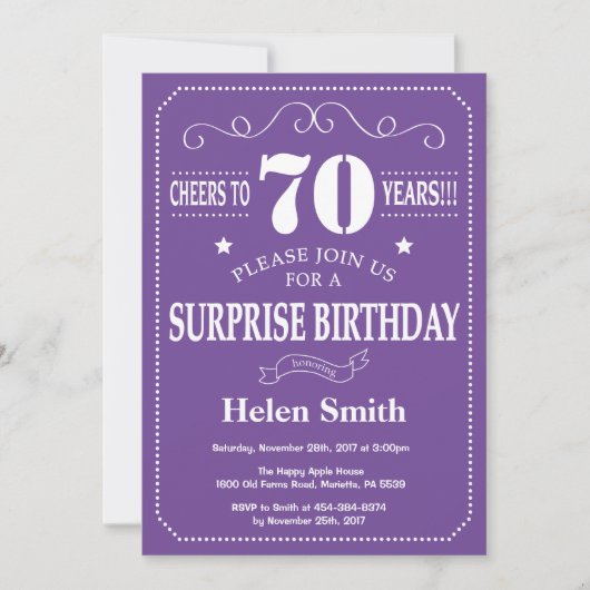 Invitation d'anniversaire surprise 70 ans violet e (Devant)
