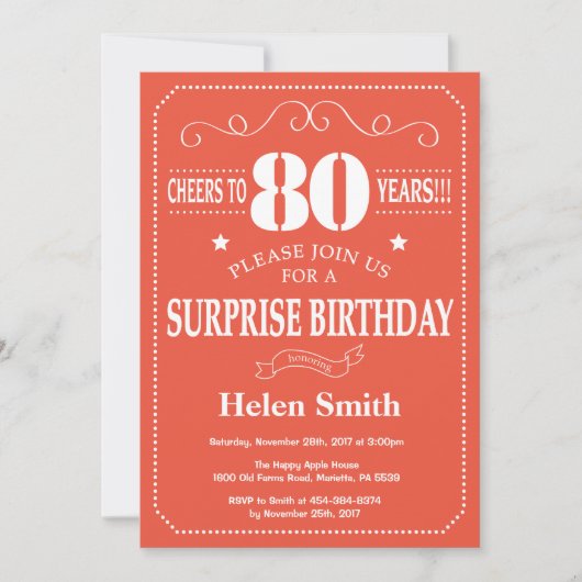 Invitation d'anniversaire surprise 80 ans Orange e (Devant)